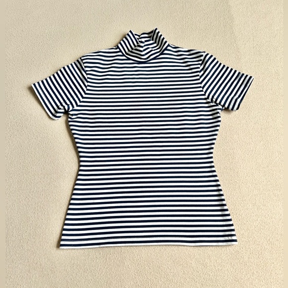 Express Tricot Top Womens Size M Blue White Striped Mock Neck Form Fitting Shirt - Picture 1 of 6
